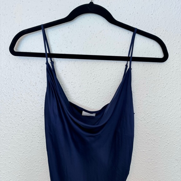 Wilfred Only Aritzia Ruched Navy Blue Slip Satin Dress Sz. SMALL - Picture 8 of 13